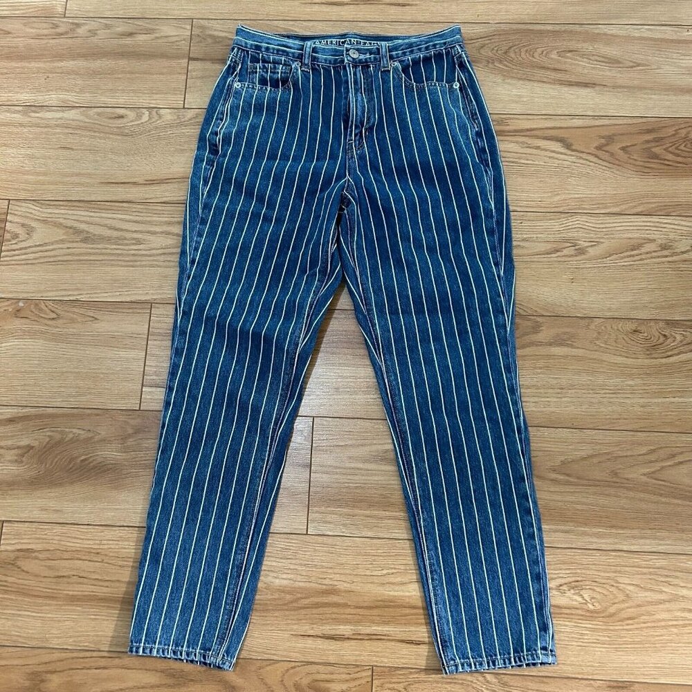 🌀 American Eagle Mom Jean Jeans Women's 4 Long Blue Striped Denim Trendy EUC